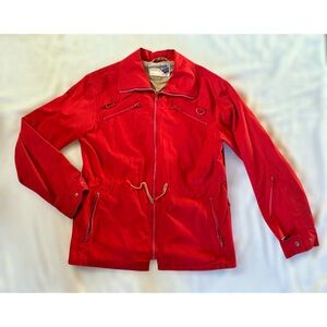 90s Vintage Red Windbreaker With Zipper Pockets And Drawstring Waist